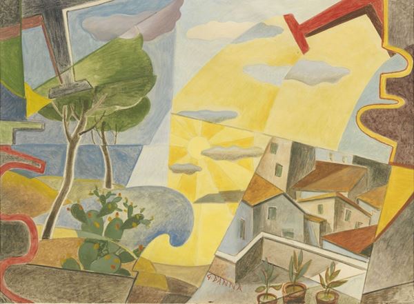 Giulio D'Anna : Paesaggio simultaneo + aerei Caproni  (1928 ca.)  - Tempera su carta - Auction MODERN AND CONTEMPORARY ART - I - Casa d'aste Farsettiarte
