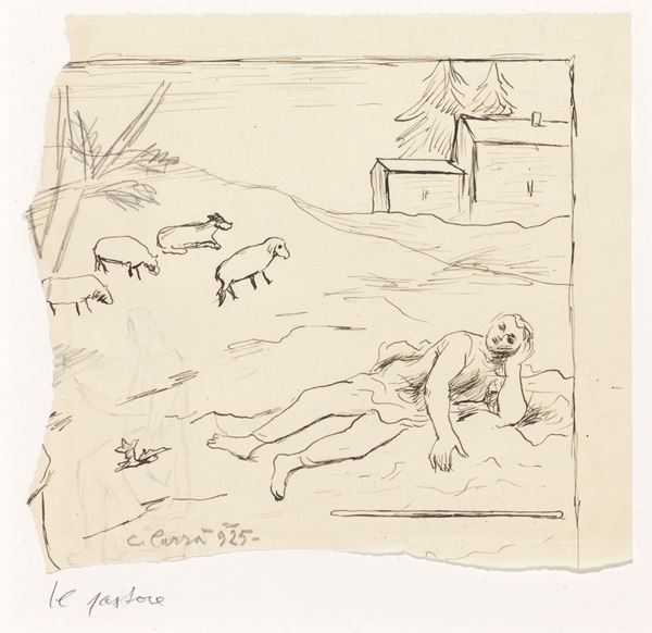 Carlo Carr&#224; : Il pastore  (1925)  - Inchiostro e matita su carta - Asta ARTE MODERNA, CONTEMPORANEA E GRAFICA PARTE I - I - Casa d'aste Farsettiarte