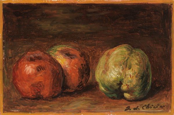 Giorgio de Chirico : Vita silente di frutta su un tavolo  (inizio anni Cinquanta)  - Olio su cartone telato - Auction MODERN AND CONTEMPORARY ART PART II - II - Casa d'aste Farsettiarte