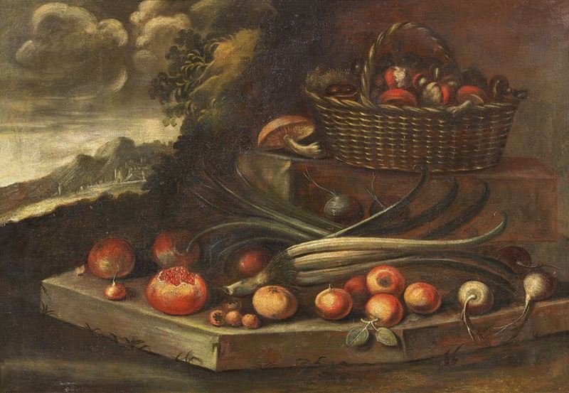 Scuola Lombarda Fine XVII Secolo - Natura Morta con Gobbi e Frutta