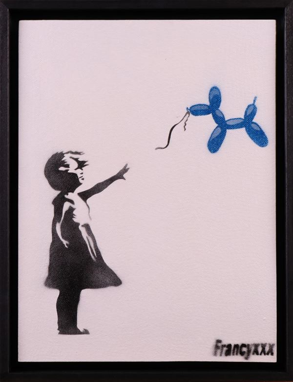 Francyxxx : Banksy Girl with Koons Balloon  (2020)  - Spray su pannello - Auction MODERN AND CONTEMPORARY ART - I - Casa d'aste Farsettiarte