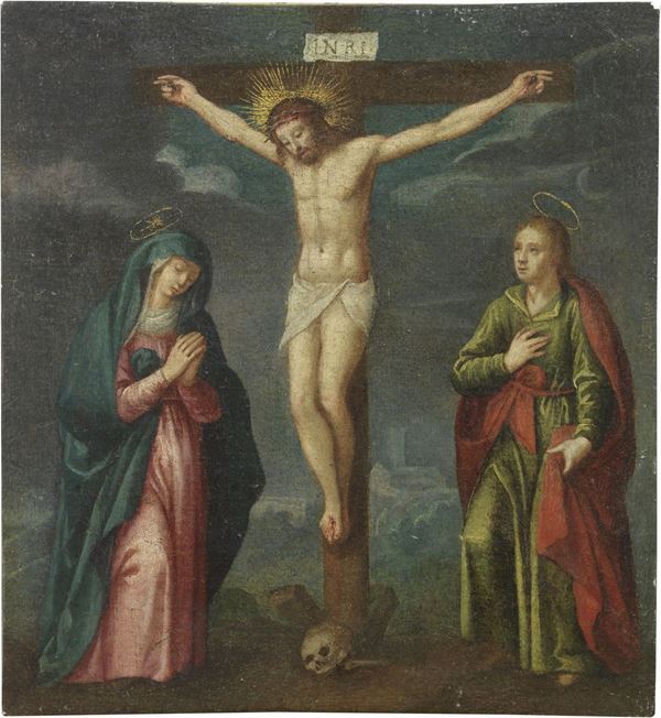 Scuola toscana fine XVI secolo - Crocifissione con la Vergine e San Giovanni Evangelista