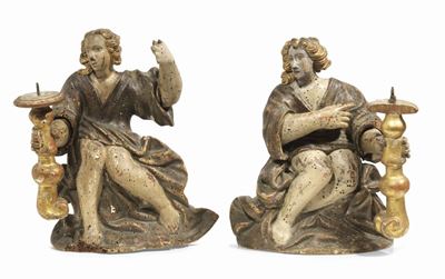 Coppia di Sculture in Legno Policromo e Dorato
