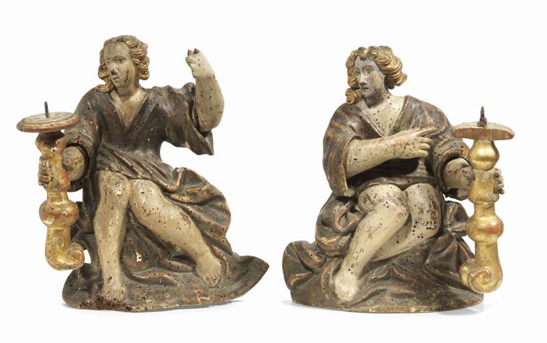 Coppia di Sculture in Legno Policromo e Dorato