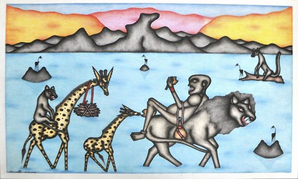 Kivuthi Mbuno : Scena africana  - Pastelli e tecnica mista su cartoncino - Asta OPERE DI ARTE CONTEMPORANEA PROVENIENTI DA UNA RACCOLTA PARTICOLARE - Casa d'aste Farsettiarte