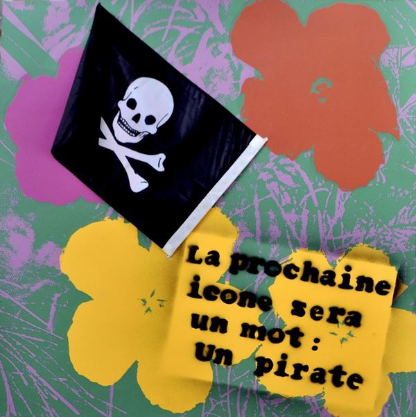 Julien Blaine (Christian Poitevin) : A.W. Pirate  (1996)  - Collage e spray su una serigrafia di Andy Warhol - Asta OPERE DI ARTE CONTEMPORANEA PROVENIENTI DA UNA RACCOLTA PARTICOLARE - Casa d'aste Farsettiarte