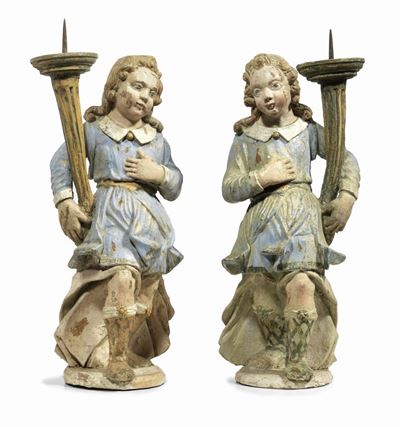 Coppia di Candelieri in Legno Policromo