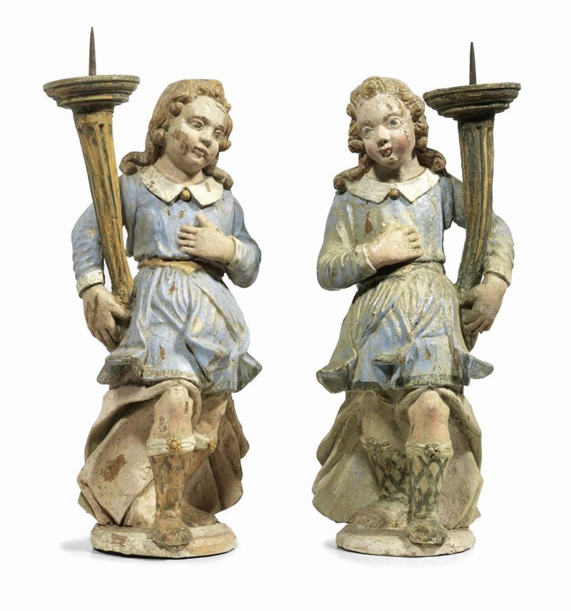 Coppia di Candelieri in Legno Policromo