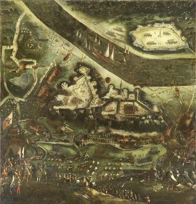 Battaglia di Buda, veduta a volo d’uccello, olio su tela