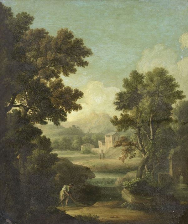 Scuola romana del XVIII secolo - Paesaggio fluviale con figure