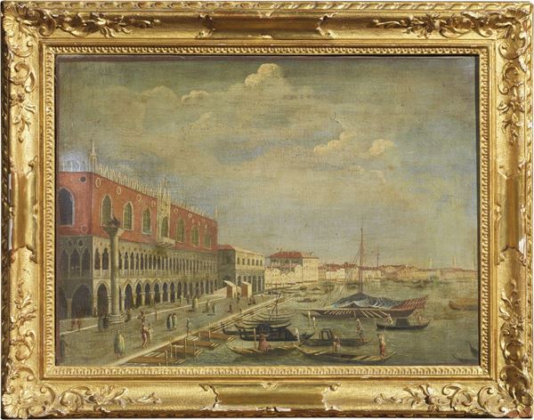 Scuola veneta del XVIII secolo -  «Veduta di Venezia con Palazzo Ducale e Riva degli Schiavoni» e «Veduta di Venezia con la Salute e Punta della Dogana»