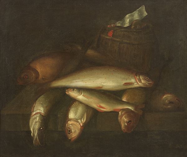 Horatius Pauly : Natura morta con pesci  - Olio su tela - Auction Important Old Masters Sculptures and Paintings - I - Casa d'aste Farsettiarte