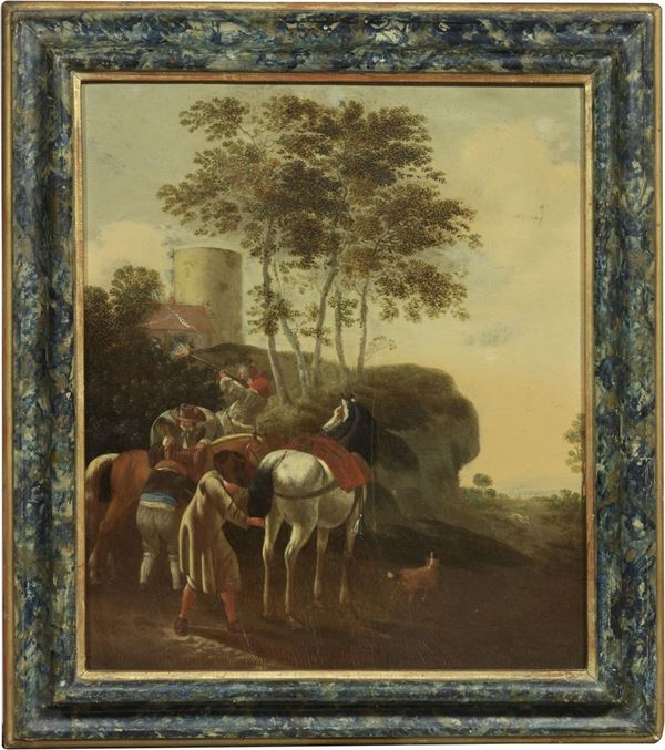 Scuola fiamminga del XVII secolo - Paesaggio con cavalieri