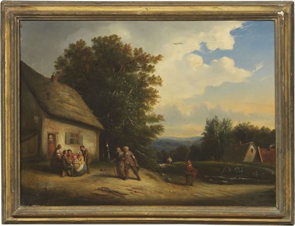 Scuola inglese del XVIII secolo - Paesaggio con famiglia e viandanti