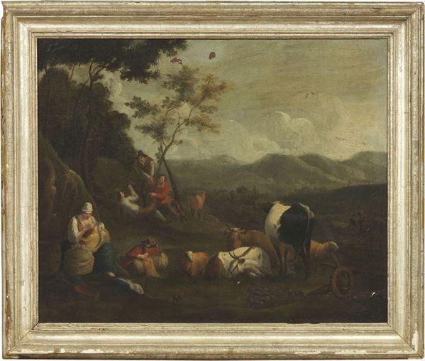 Scuola fiamminga del XVII secolo - Paesaggio con contadini e armenti