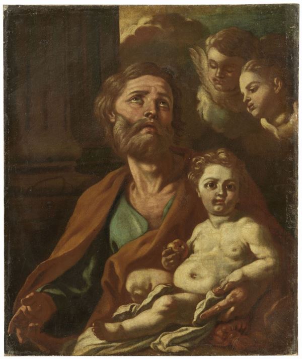 Scuola napoletana del XVII secolo - San Giuseppe con Gesù Bambino e due cherubini