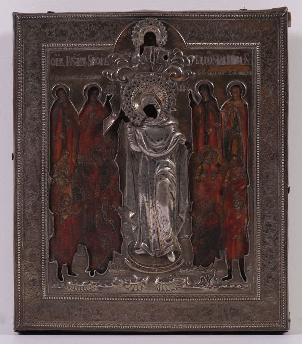 Icona russa del XIX secolo - Madonna in gloria tra Santi