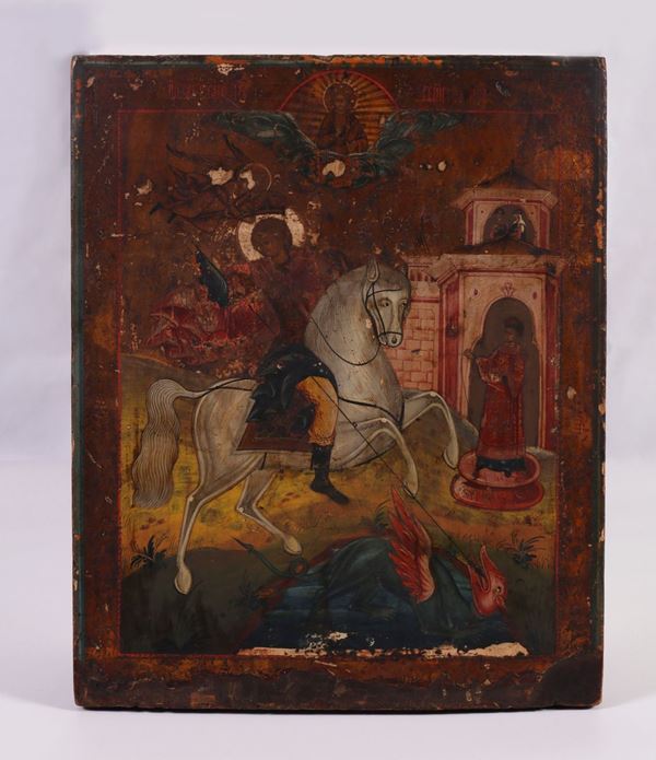 Icona russa del XIX secolo - San Giorgio che uccide il drago