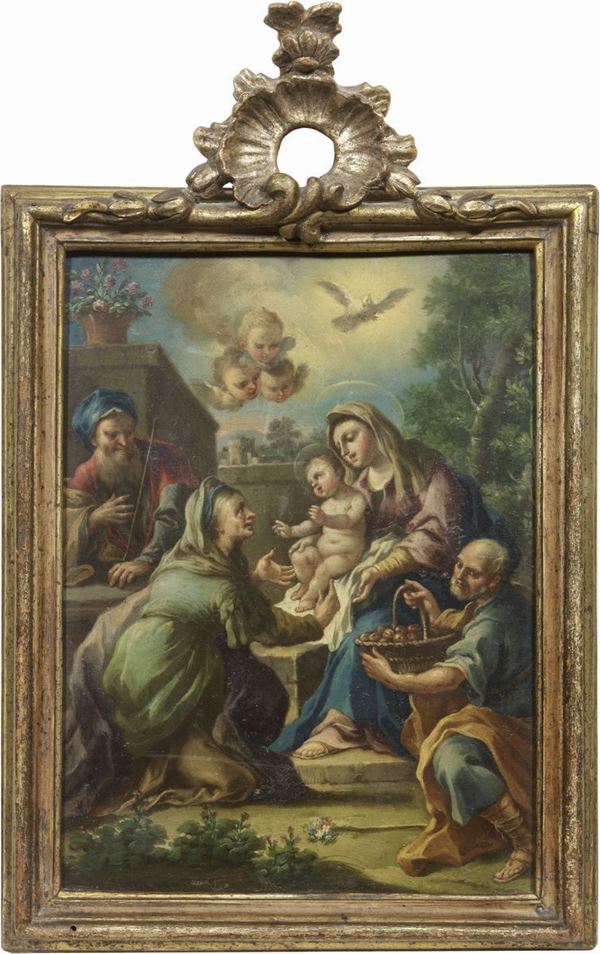 Paolo De Mattheis (attr. a) - La Madonna mentre porge il Bambin Gesù a Sant'Anna, tra i Santi Giuseppe e Gioacchino