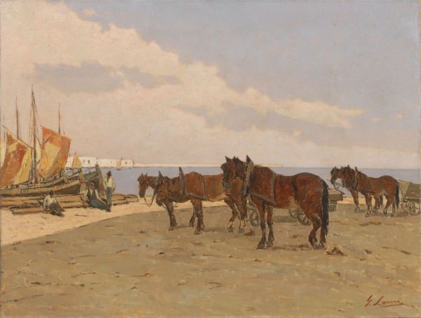 Giovanni Lomi - Sosta di cavalli sul lungomare di Trieste