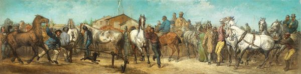 Scuola francese del XIX secolo : Fiera di cavalli  - Olio su tela - Asta Importanti Dipinti Antichi - I - Casa d'aste Farsettiarte