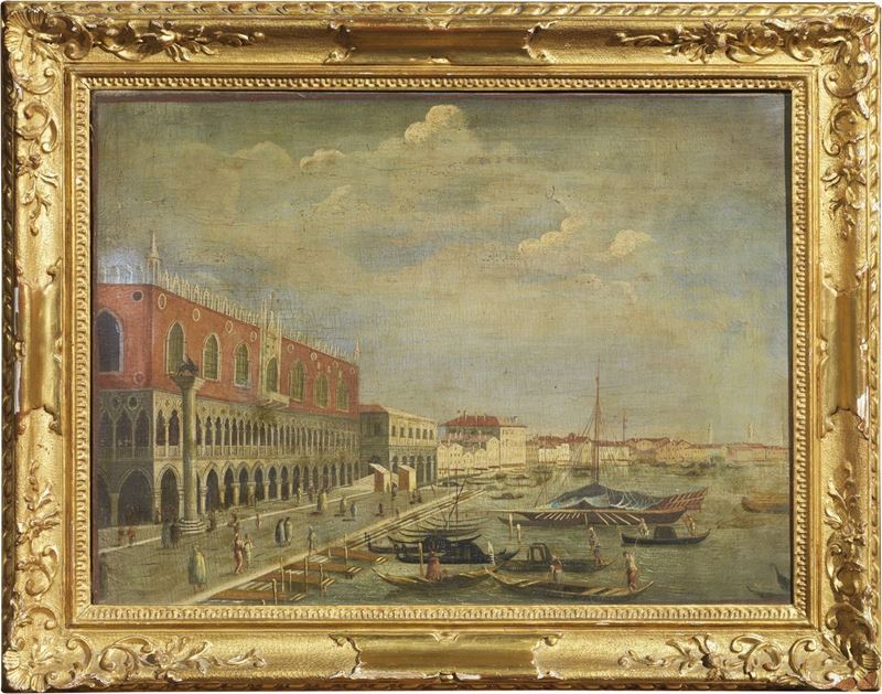 Scuola Veneta del XVIII Secolo - «veduta di Venezia con Palazzo Ducale e Riva degli Schiavoni» e ...