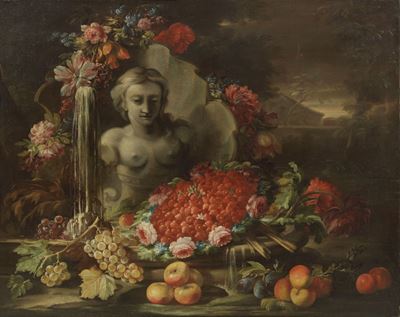 Natura Morta con Busto Classico, Fiori e Fragole