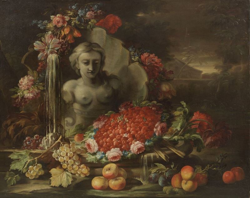 Scuola Napoletana Fine XVII Secolo - Natura Morta con Busto Classico, Fiori e Fragole