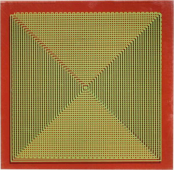Alberto Biasi - Progetto S1, dinamica visiva in verde su fondo rosso