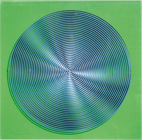 Alberto Biasi - Progetto S2, dinamica visiva in azzurro e nero su verde sfumato bianco