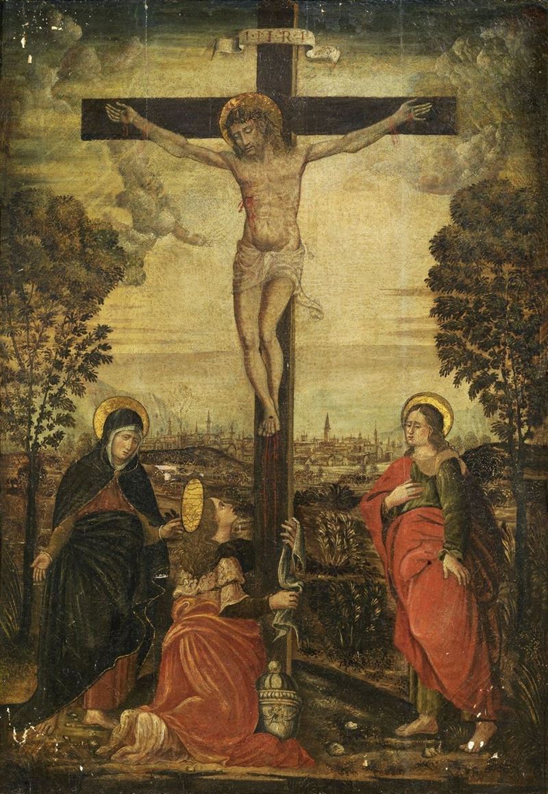 Scuola Lombarda Inizio XVI Secolo - Crocifissione con la Madonna, Maria Maddalena, Giovanni Evang...