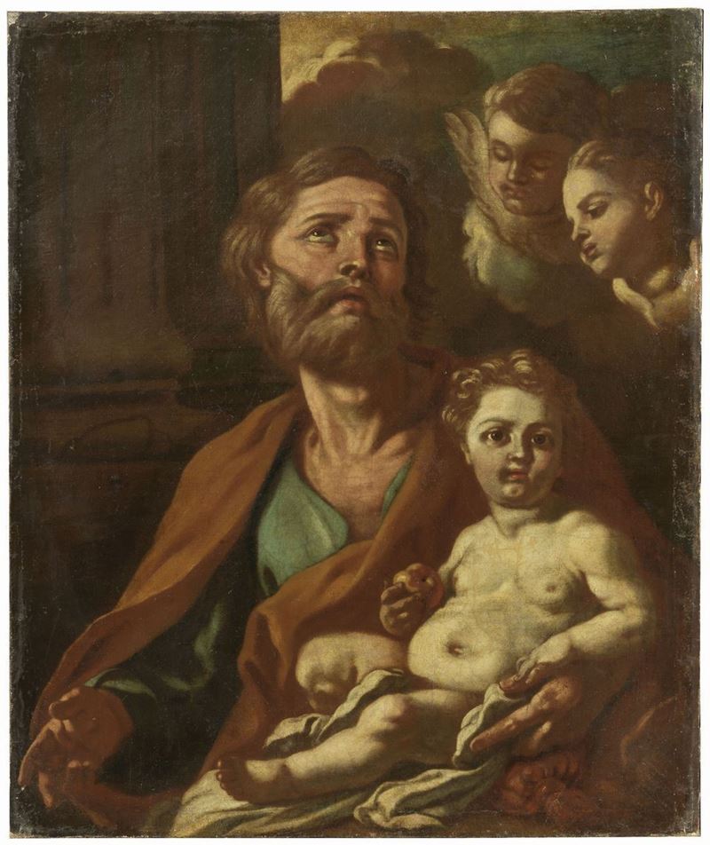 Scuola Napoletana del XVII Secolo - San Giuseppe con Gesù Bambino e Due Cherubini