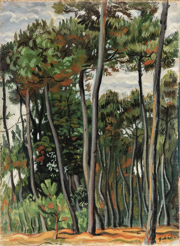 Giorgio de Chirico : Pineta  (1940 ca.)  - Olio su tela applicata su cartone - Auction MODERN ART - II - Casa d'aste Farsettiarte