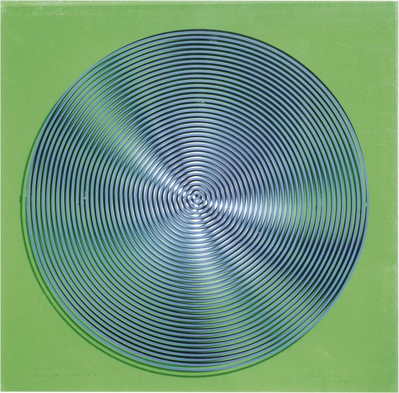 Alberto Biasi - Progetto S2, Dinamica Visiva in Azzurro e Nero su Verde Sfumato Bianco
