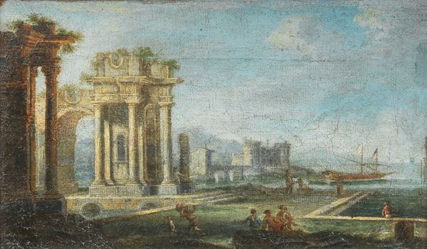 Gennaro Greco detto il Mascacotta (ambito di) - Due dipinti a soggetto «Paesaggio con veduta di porto e rovine»