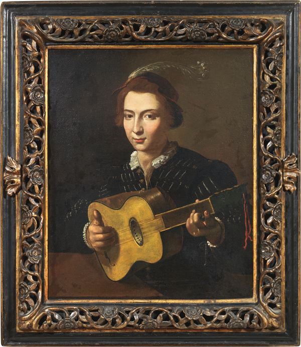 Pietro Paolini (ambito di) : Musico (Suonatore di chitarra)  - Olio su tela - Asta Importanti Dipinti Antichi - I - Casa d'aste Farsettiarte