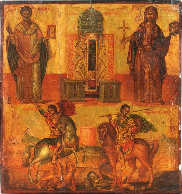 Icona del XIX secolo - San Nicola, San Giorgio, San Michele e Santa