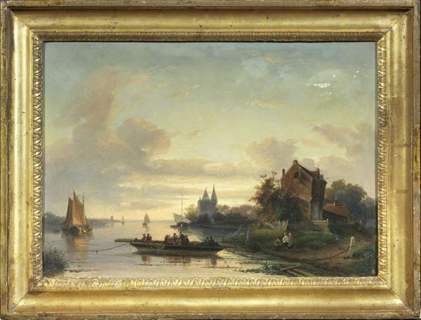 Scuola fiamminga del XIX secolo : Paesaggio fluviale  - Olio su tela - Asta Importanti Dipinti Antichi - I - Casa d'aste Farsettiarte