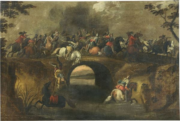 Scuola italiana del XVIII secolo - Battaglia di cavalleria su un ponte