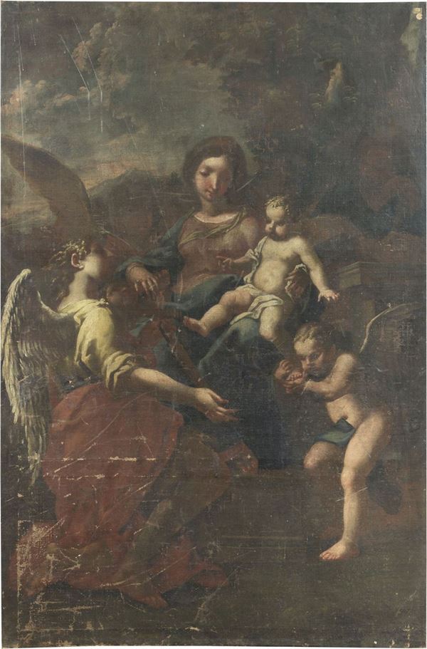 Scuola napoletana del XVII secolo - Madonna col Bambino, San Giovannino e Angelo