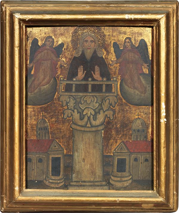 Scuola cretese del XV secolo - Santo Eremita tra due Angeli
