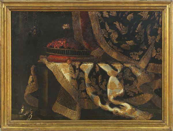 Antonio Gianlisi il Giovane (attr. a) - Natura morta con fragole e arazzo
