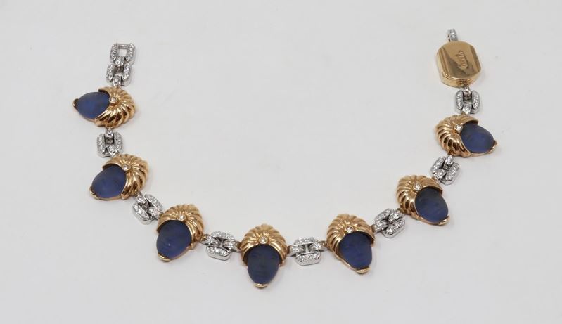 Bracciale in Oro Giallo e Bianco, Agata Blu e Piccoli Brillanti