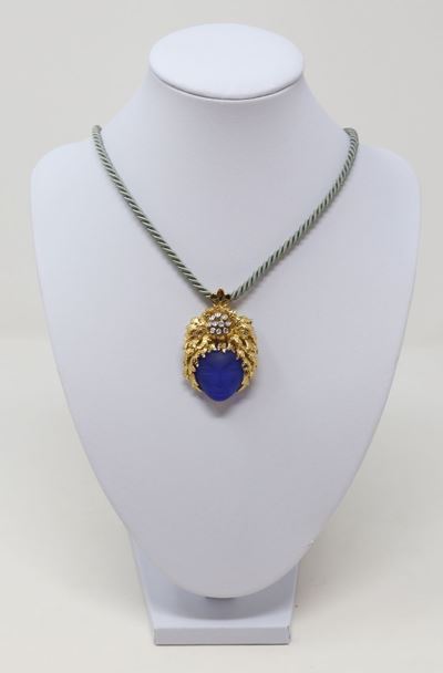 Pendente Spilla in Agata Blu, Oro Giallo e Bianco e Piccoli Brillanti