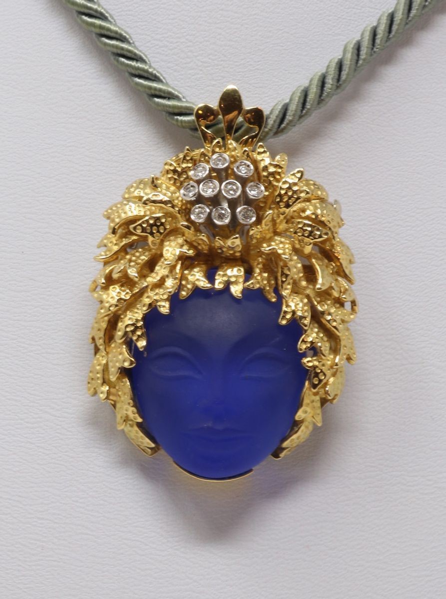 Pendente Spilla in Agata Blu, Oro Giallo e Bianco e Piccoli Brillanti