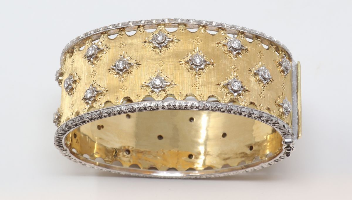 Bracciale Rigido in Oro Giallo con Bordi in Oro Bianco