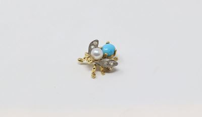 Spilla a Forma di Mosca in Oro Giallo e Argento con Turchese, Perla e Rose di Diamante