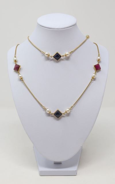 Collana in Oro Giallo con Radici di Rubino, di Zaffiro e Perle