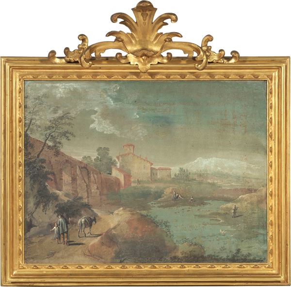 Scuola bolognese del XVIII secolo - «Paesaggio fluviale con architettura e figure» e «Paesaggio fluviale con figure sulle rive»