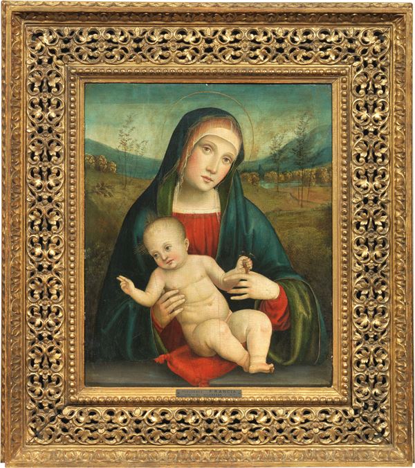 Francesco Raibolini detto il Francia (attr. a) : Madonna col Bambino con un cardellino in mano  - Olio su tavola - Asta Importanti Dipinti Antichi - I - Casa d'aste Farsettiarte
